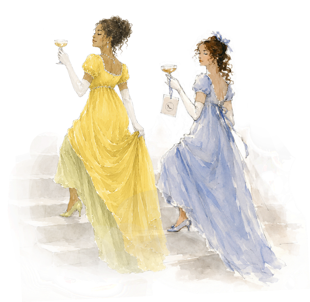 An illustration of two women dressed in Regency fashion raise a toast.