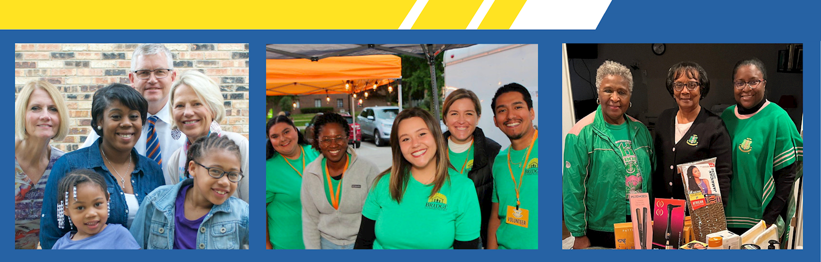 A graphic showing several images of volunteer opportunities with Bridge Communities.
